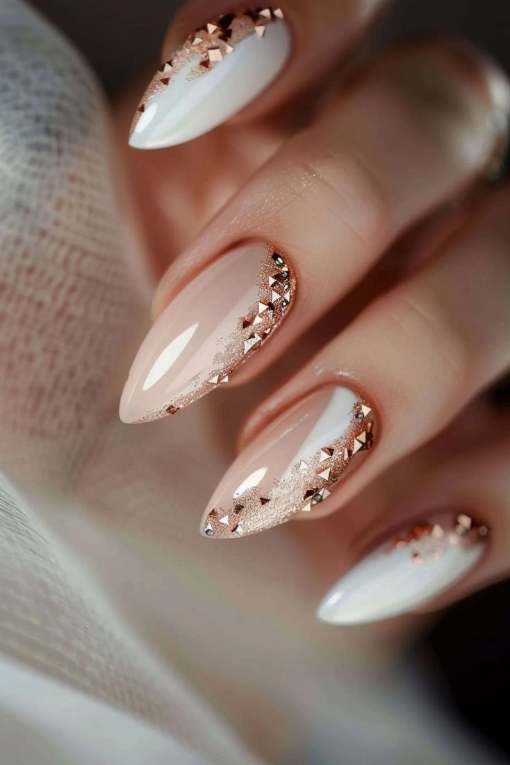 Chic Elegant Nail Design with Nude, White, and Sparkling Rose Gold Gradient.