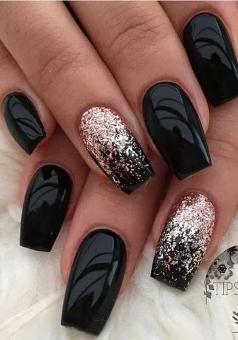 Chic Nail Design: Glossy Black and Shimmering Rose Gold Ombre Fusion