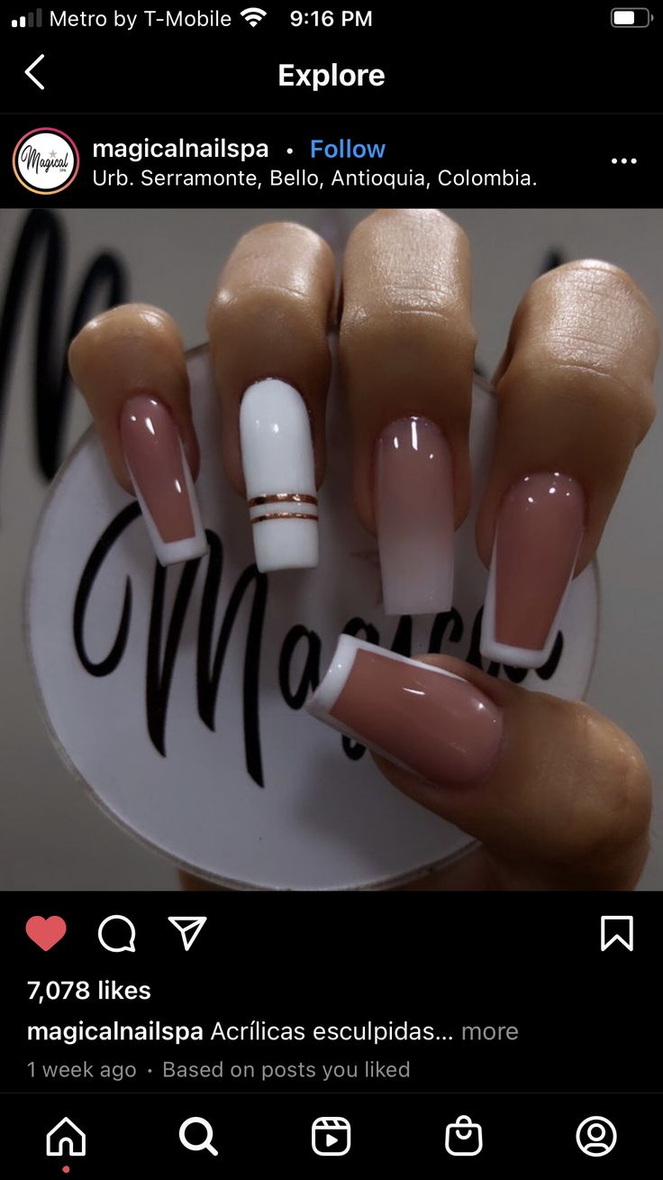 Trendy Ombre Nail Design: Soft Nude and White with Sophisticated Golden Accents