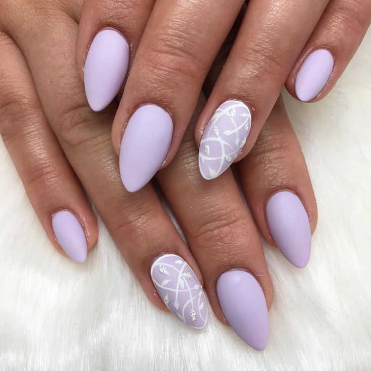 Chic Elegant Lavender Almond Nails with Artistic White Swirls