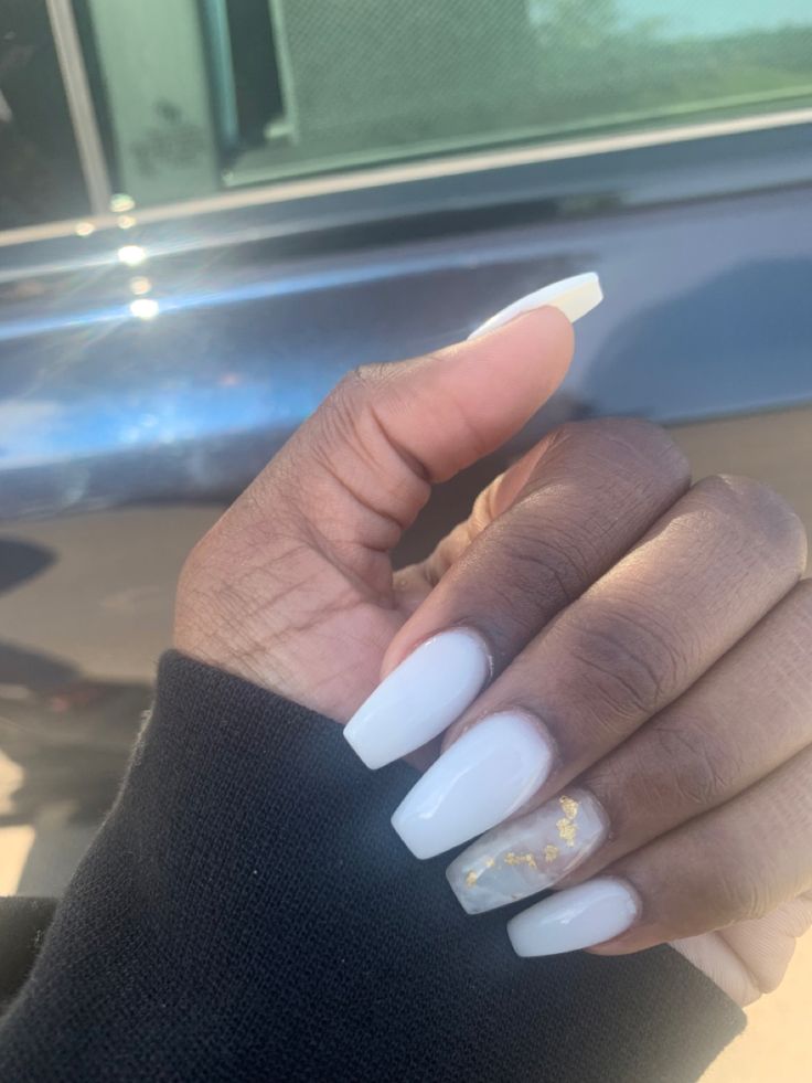 Chic White Acrylic Nails with Elegant Gold Foil Accent