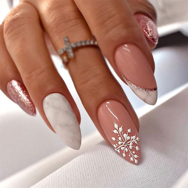 Chic Winter-Inspired Nail Design: Soft Pink, White Marble, and Glitter Elegance with Snowflake and Silver Accents