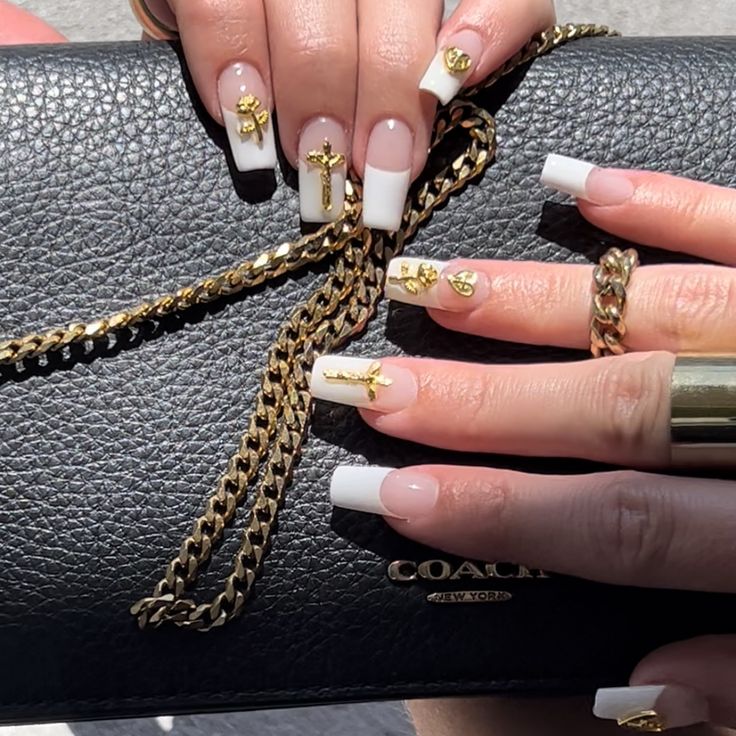 Chic Acrylic French Tip Nails Adorned with Elegant Golden Accents