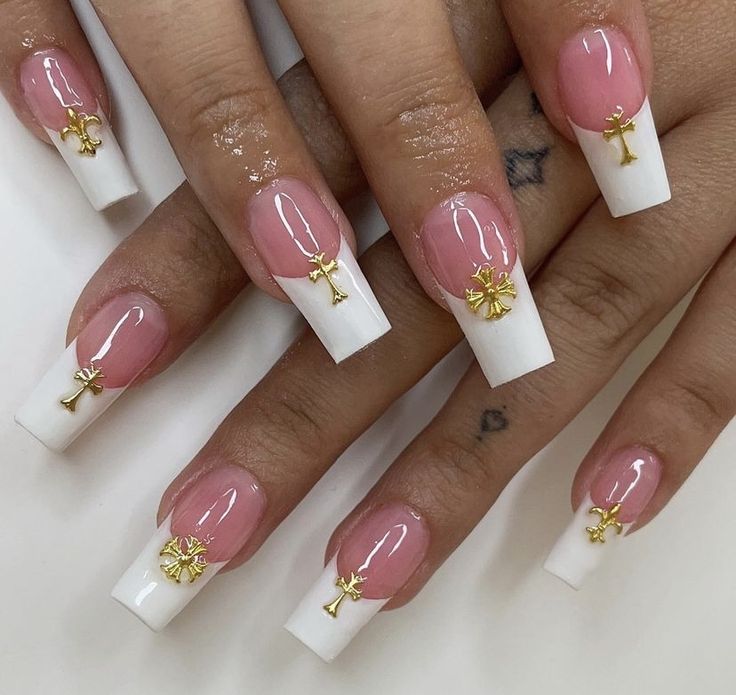 Sophisticated Elegant French Tip Nails with Glossy Finish and Gold Accents