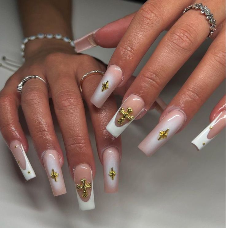 Chic Gradient Pink and White Nail Design with Gold Embellishments and Long Square Tips.