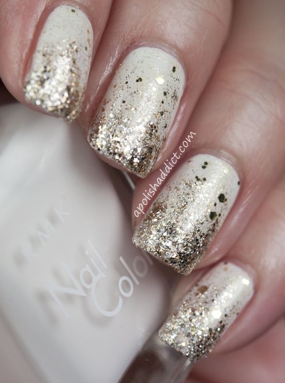 Elegant Glitter Ombre Nails: A Stunning White to Gold Gradient for Special Occasions.