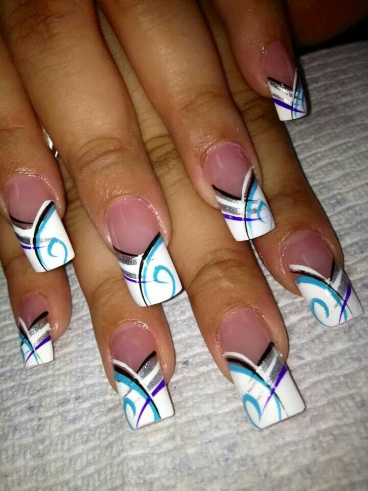 Elegant Geometric Nail Design with Silver and Blue Accents for All Occasions