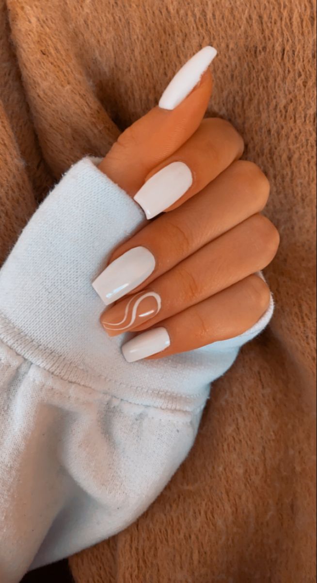 Chic Minimalist White Nails with Intricate Line Art Accent