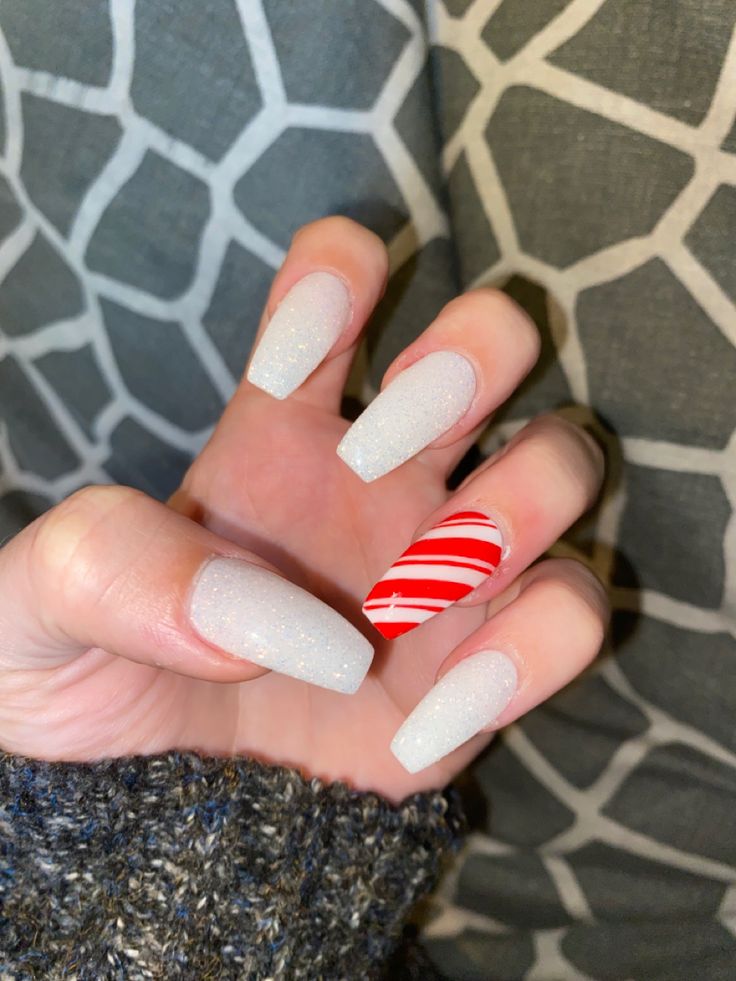 Chic Matte Long Square Nails with Candy Cane Accent for Festive Elegance.