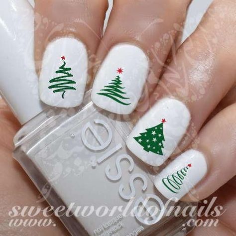 Cheerful Winter Nail Design with Festive Christmas Tree Motifs