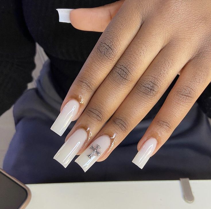 Chic Elegant Nude Acrylic Nails with Tropical Palm Tree Design