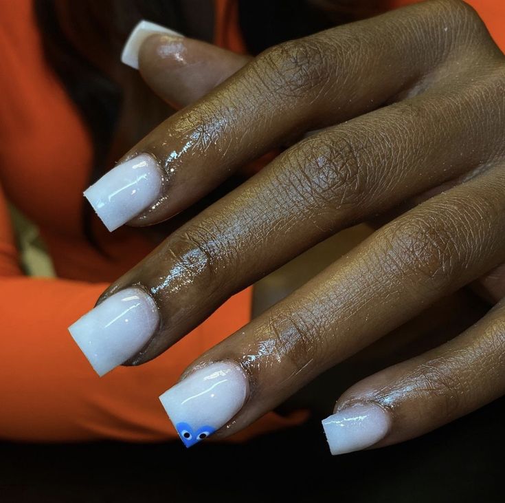 Stylish Square Nails: Glossy White with Charming Blue Accents