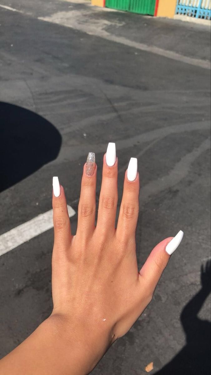 Elegant White Acrylic Nails with Glitter Accent for Versatile Style