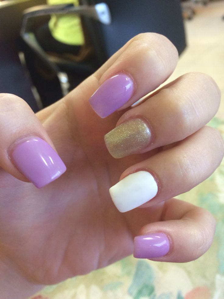 Elegant Pastel Purple and Gold Nail Design with Crisp White Accent