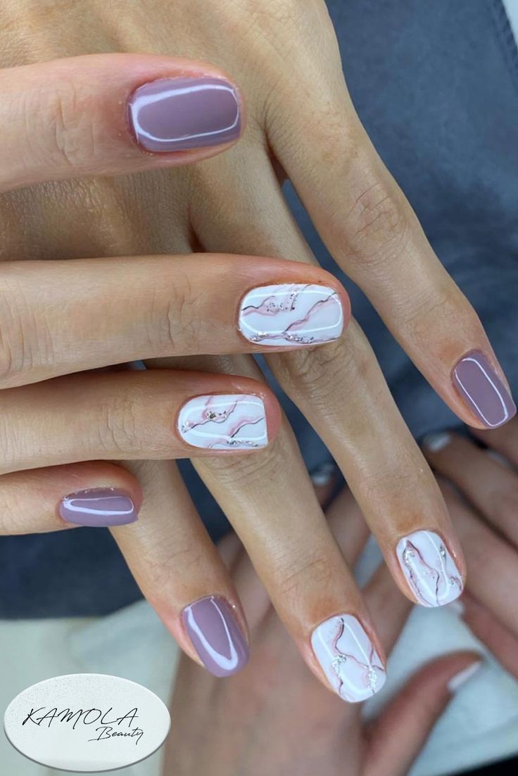 Sophisticated Lavender Nail Design with Marbled White and Pink Accents