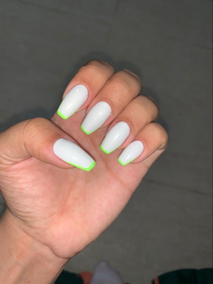 Chic Neon Green-Tipped Nail Design on Crisp White Base.