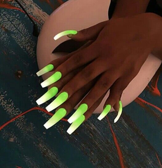 Vibrant Neon Green Ombre Nails: A Chic Gradient Design with Striking Visual Impact.