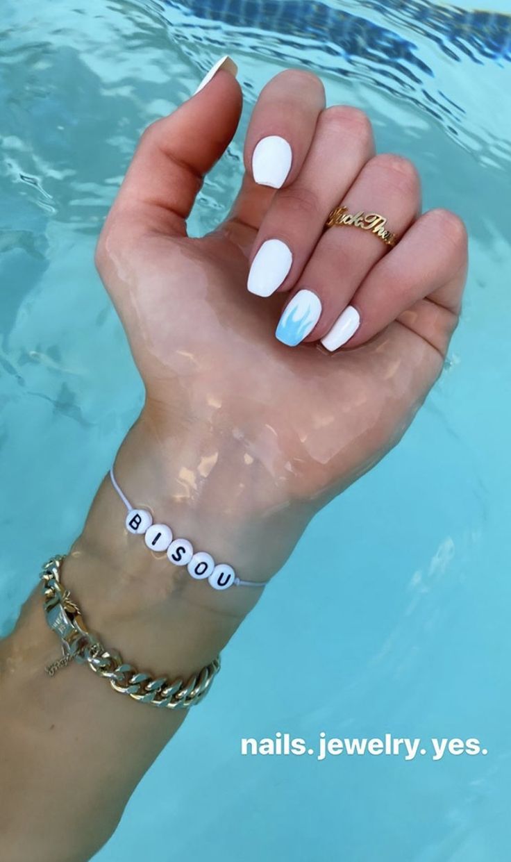 Chic Summer Nail Design with White and Soft Blue Gradient Accents.