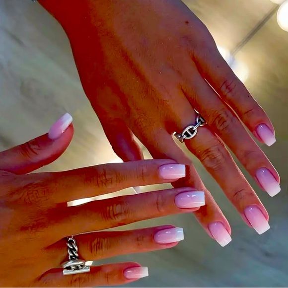 Sophisticated Ombre Nail Design with Light Pink to White Transition and Sleek Square Shape.