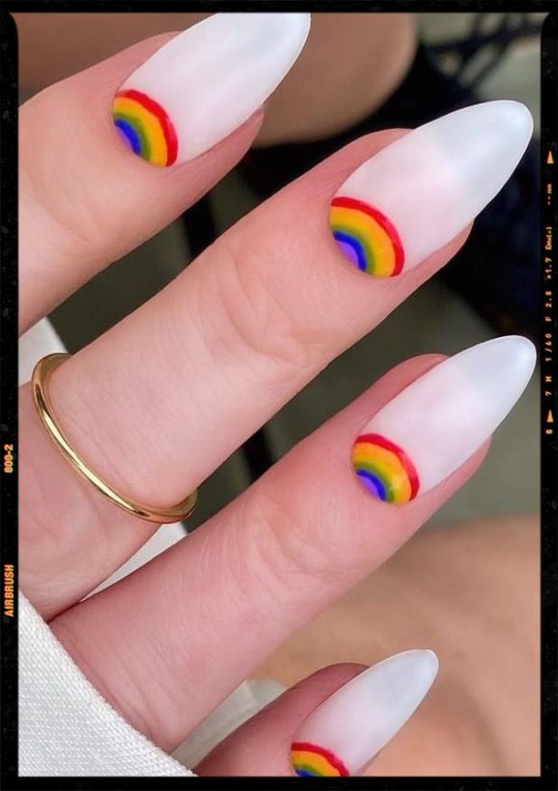 Cheerful Rainbow Arc Nail Art on Matte White Background