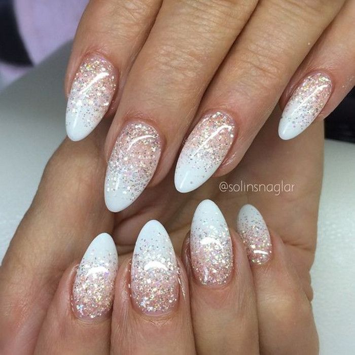 Glamorous Almond-Shaped Ombre Nails: Glossy White to Delicate Pink Glitter