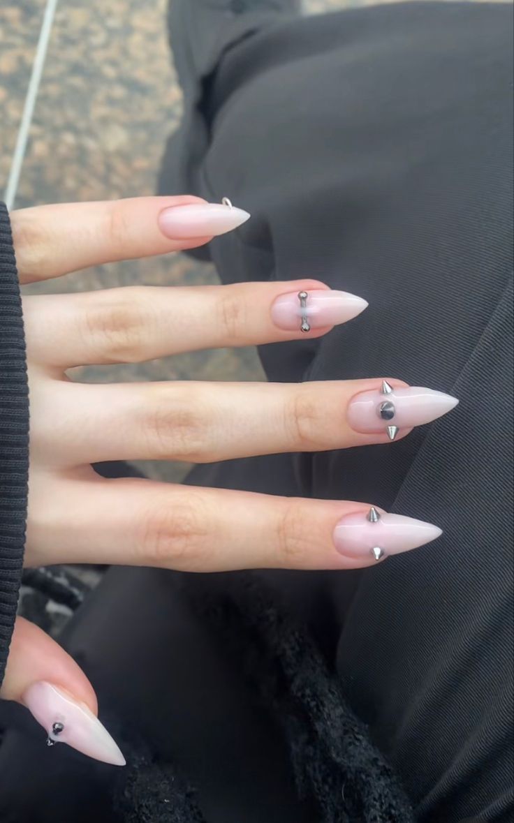 Chic Stiletto Nails: Soft Pink Ombre with Edgy Metallic Accents