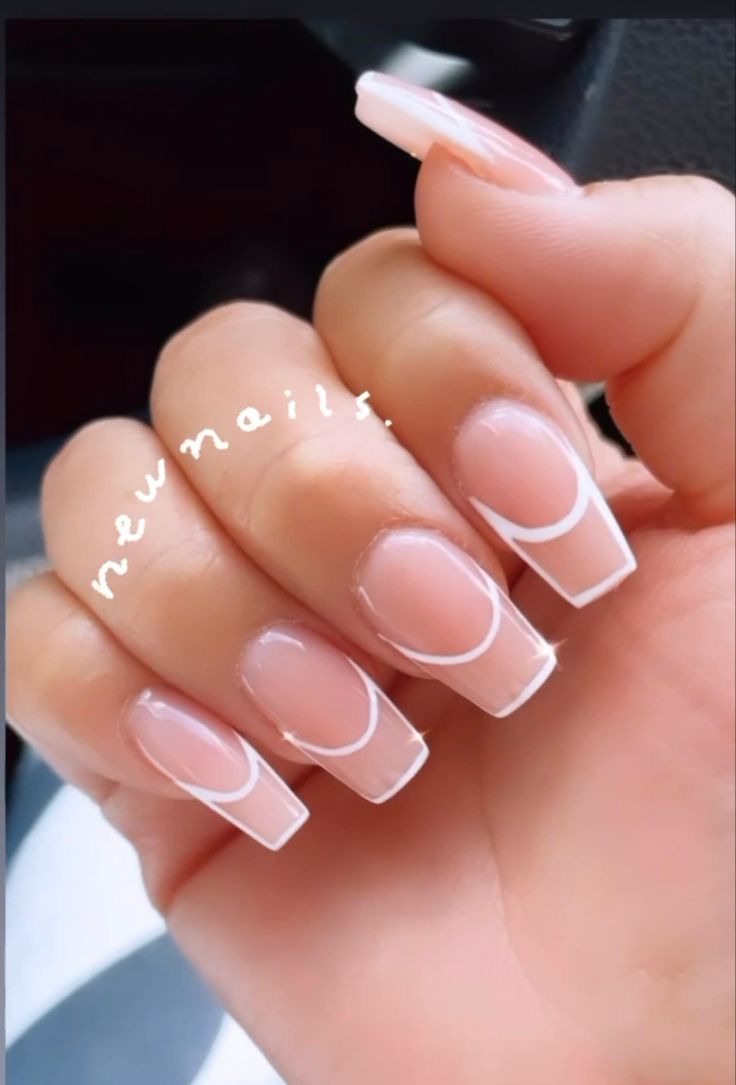 Chic Modern French Tips: Elegant Nude Base with Delicate Crescent Lines