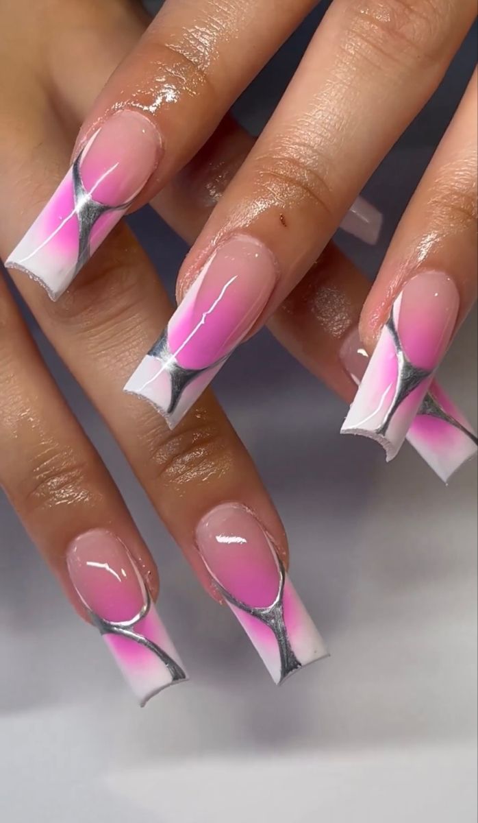 Elegant Gradient Pink and White Nail Design with Geometric Silver Accents