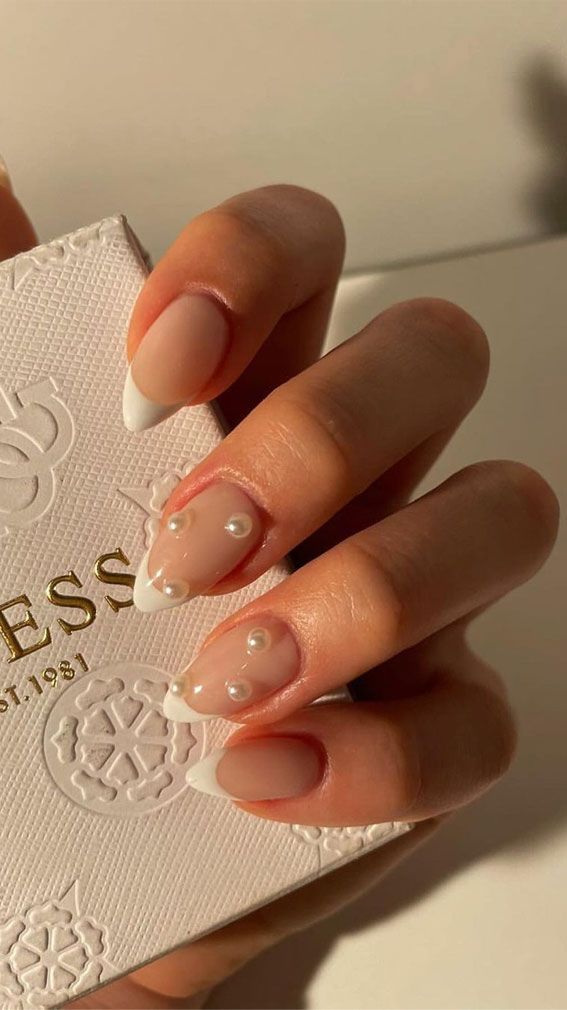 Sophisticated Nude French Tip Nails Adorned with Delicate Pearls