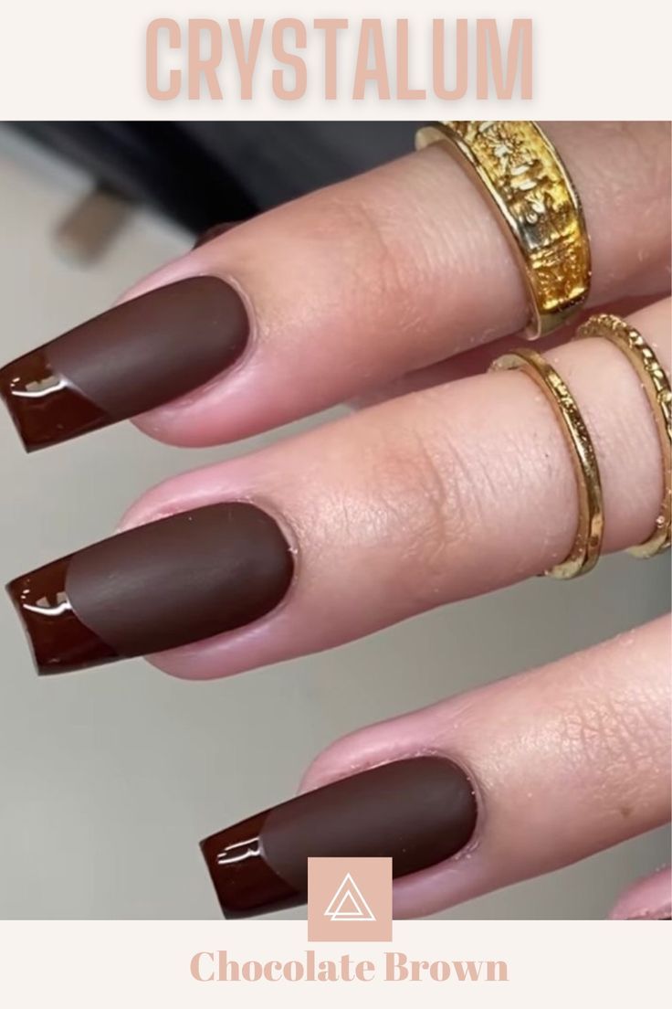 Chic Chocolate Brown Nails: Modern Design with Glossy Sharp Tips and Elegant Gold Accents.