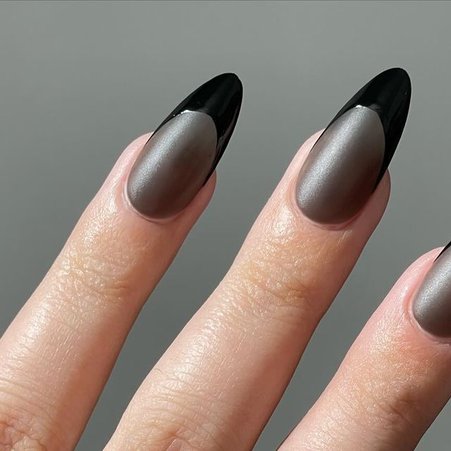 Chic Matte Taupe and Glossy Black Pointed Nail Design for a Bold Statement.