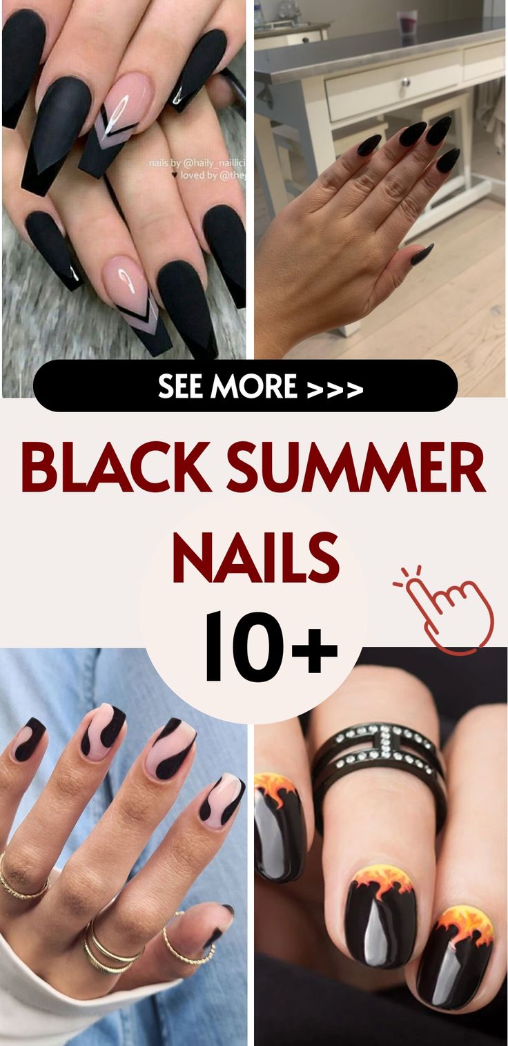 Sleek Black Nail Designs: Stiletto and Almond Shapes with Matte-Gloss Finishes and Modern Accents for Summer.