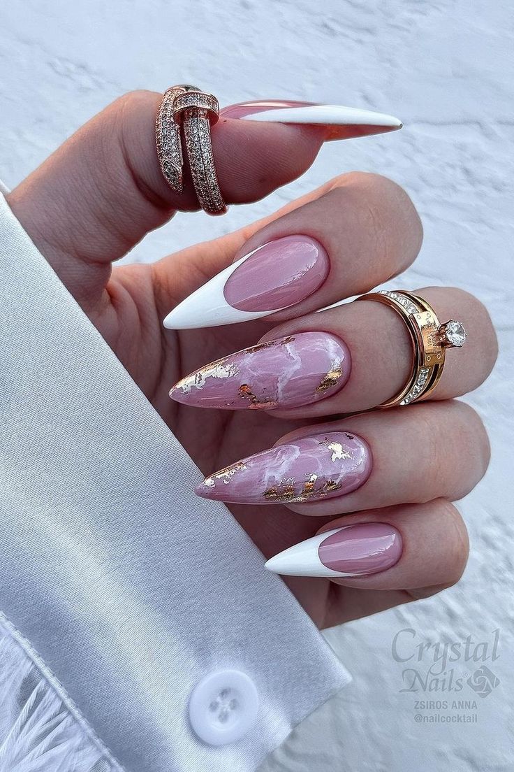 Chic Nail Design with Pink and White Tips, Marble Patterns, and Gold Accents.