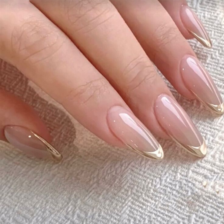 Chic Elegant Nude Nails with Glossy Finish and Subtle Gold Accents.