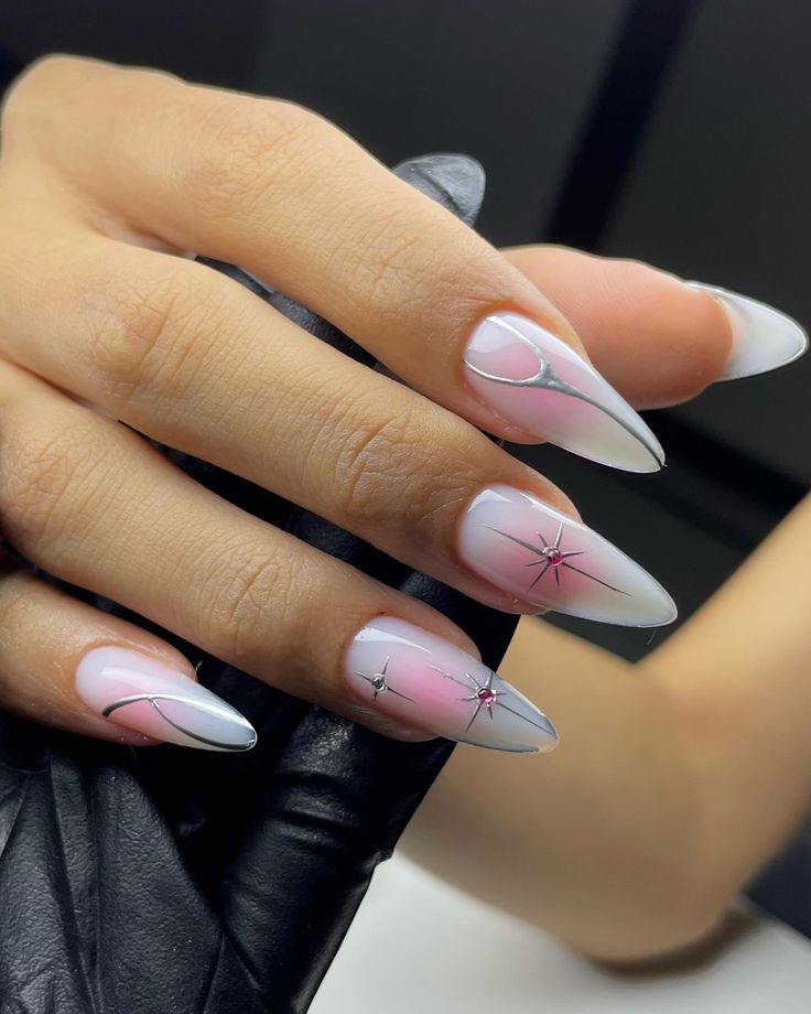 Sophisticated Gradient Nail Design with Delicate Lines and Star Embellishments