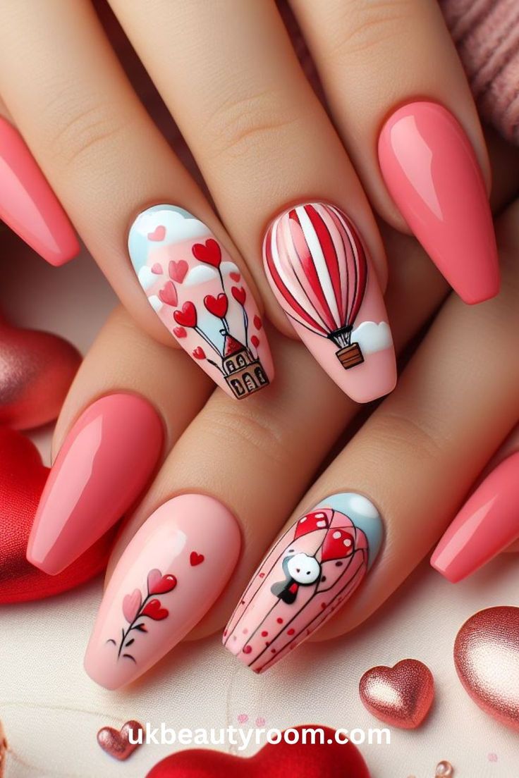 Romantic Pink Nail Design with Whimsical Illustrations and Hearts.