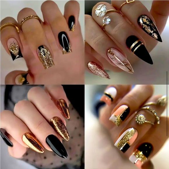 Elegant Nail Designs: Glossy Black, Shimmering Gold, and Sparkling Glitter with Geometric Patterns and Glamorous Accents.