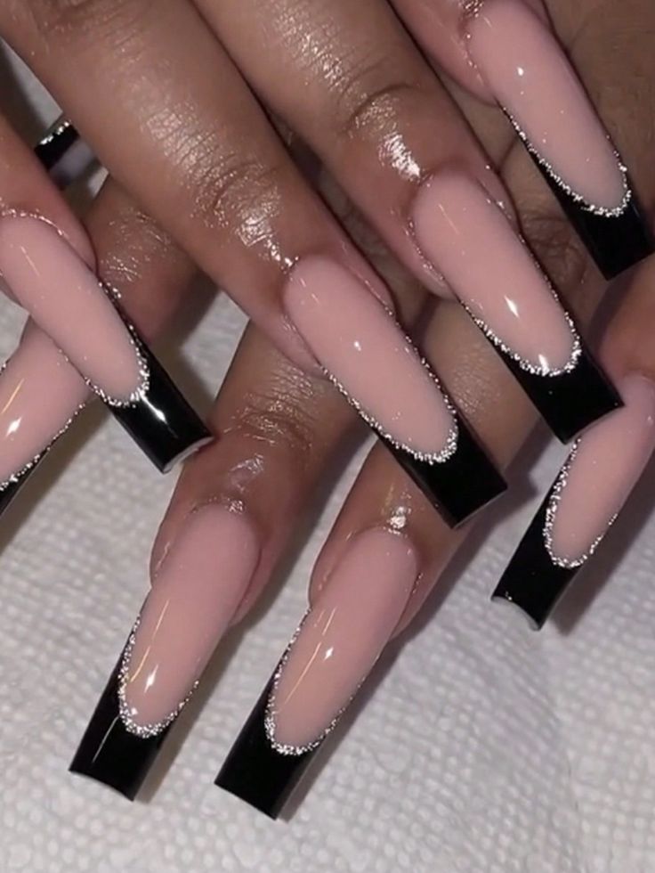 Sophisticated Nude Base with Glamorous Black Tips and Silver Accents.