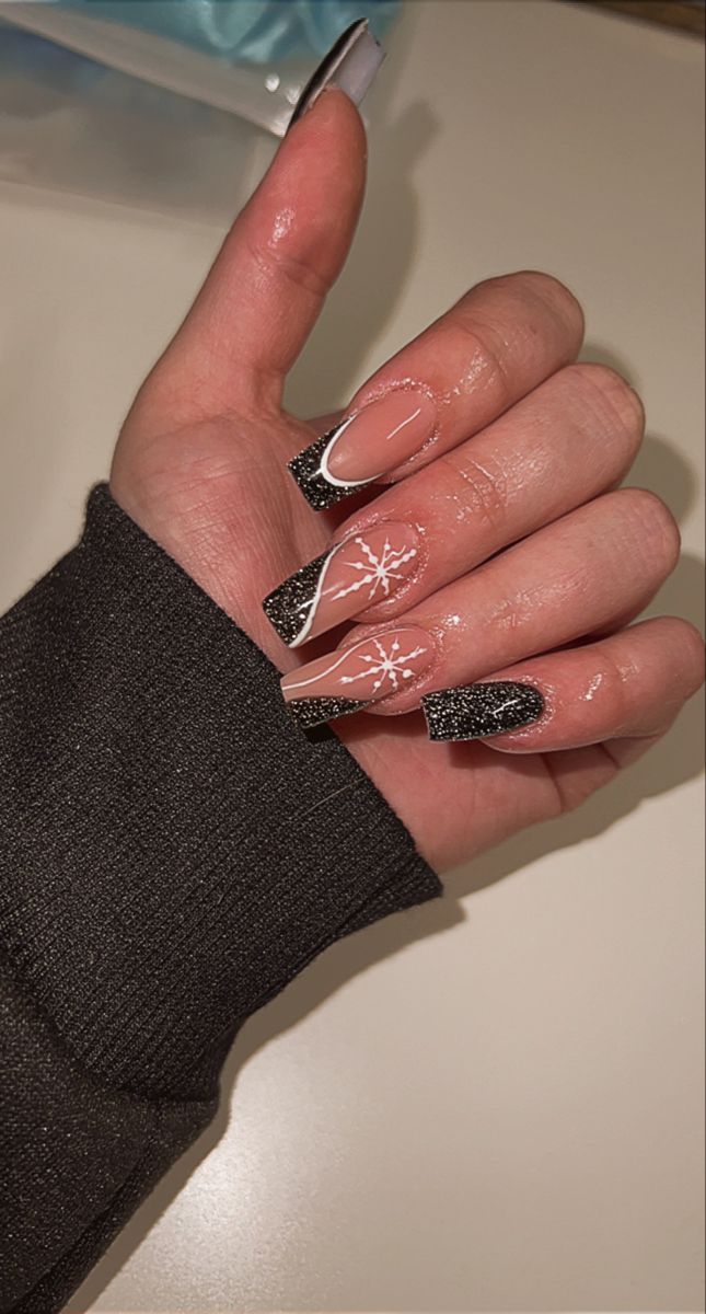 Chic Winter Nail Design: Matte and Glossy Mix with Glitter Tips and Snowflake Accents