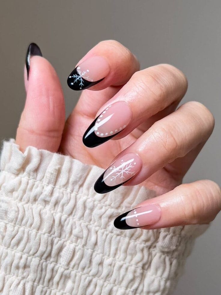 Sophisticated Winter Nail Design: Nude and Black with Festive Snowflake Accents