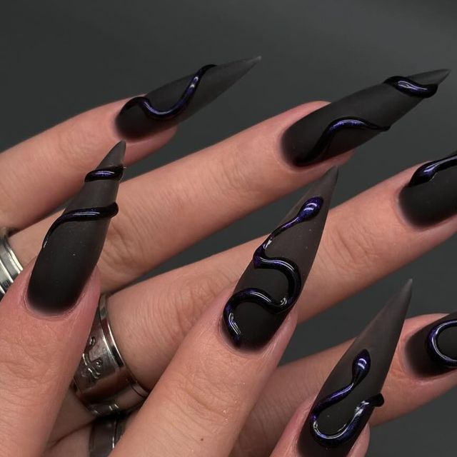 Sophisticated Matte Black Nails with Intricate Deep Purple Glossy Waves.