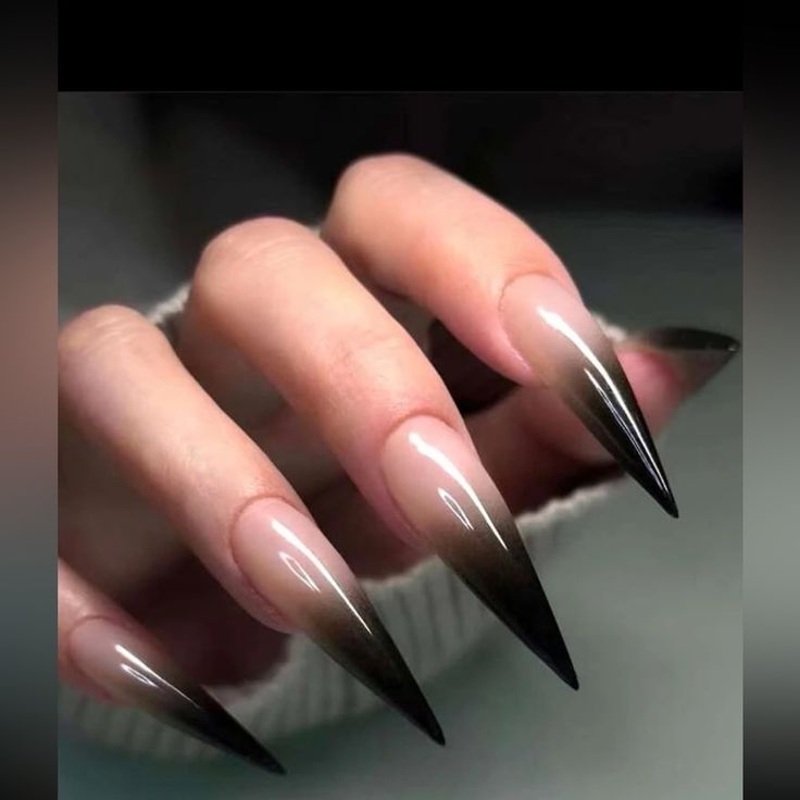 Bold Stiletto Nails with Striking Ombre in Nude to Black Transition.