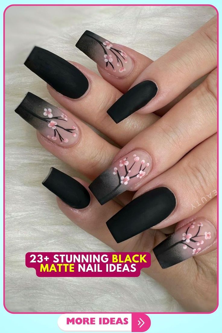 Chic Matte Black and Soft Pink Nails with Floral Patterns and Gradient Effect