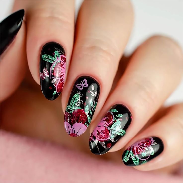 Striking Floral Nail Art on a Black Canvas with Oversized Roses and Delicate Accents.