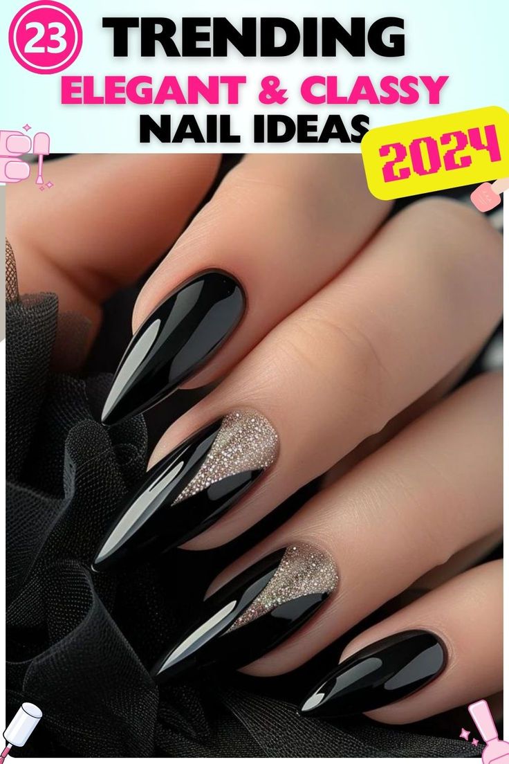 Elegant Elongated Black Nails with Sparkling Glitter Accent for a Chic Look.