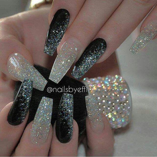 Glamorous Black and Glittery Silver Gradient Acrylic Nail Design