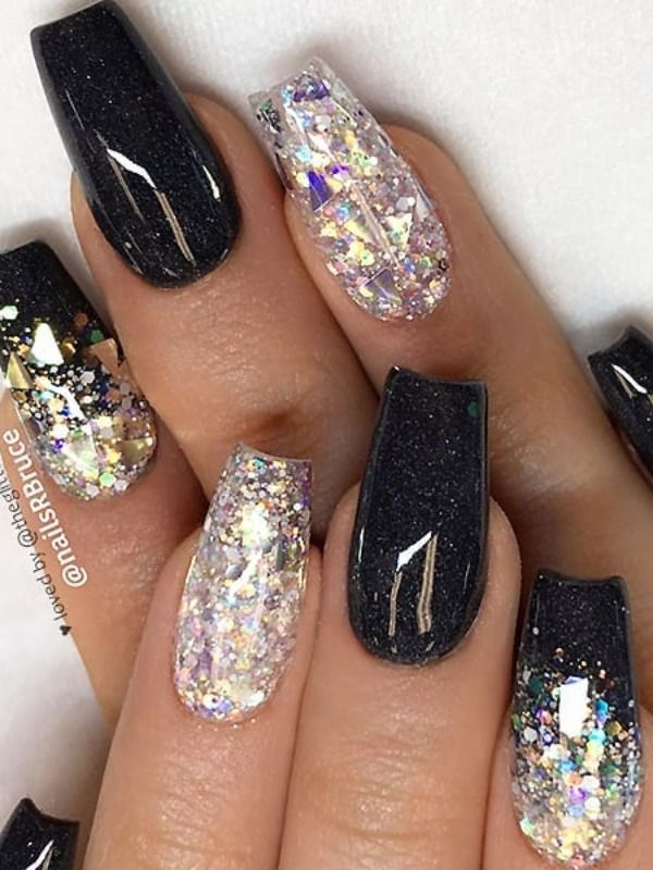 Glamorous Nail Design: Deep Black with Iridescent Glitter Contrast