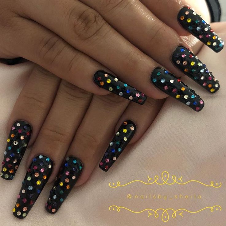 Glamorous Sparkly Black Coffin Nails with Colorful Rhinestones for Bold Statements.