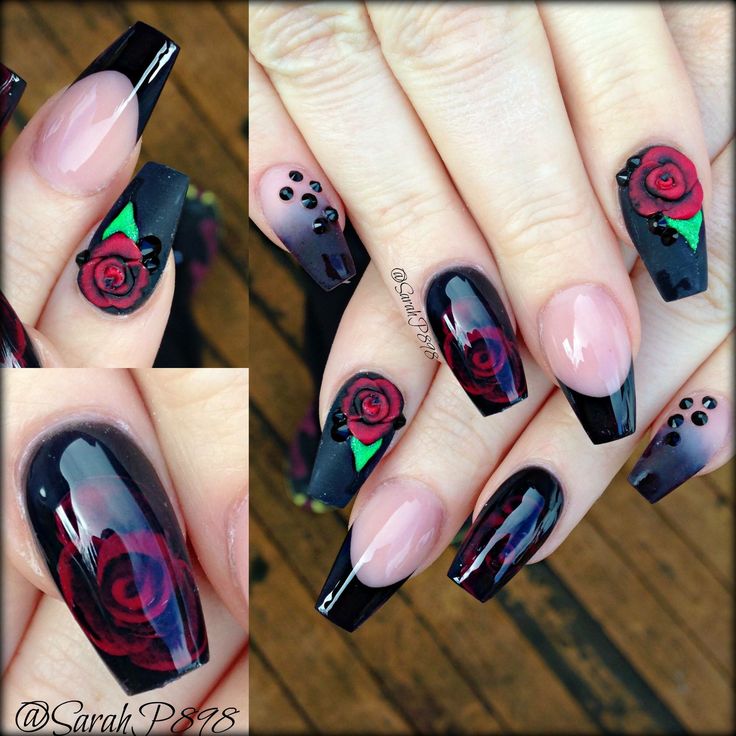 Sophisticated Black and Nude Nail Design with Red Roses and Geometric Patterns.