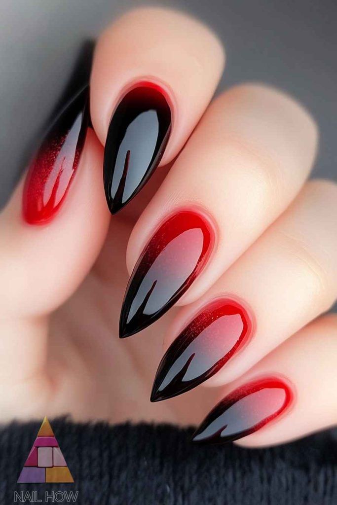 Bold Gothic Elegance: Stunning Gradient Stiletto Nails in Deep Red and Black